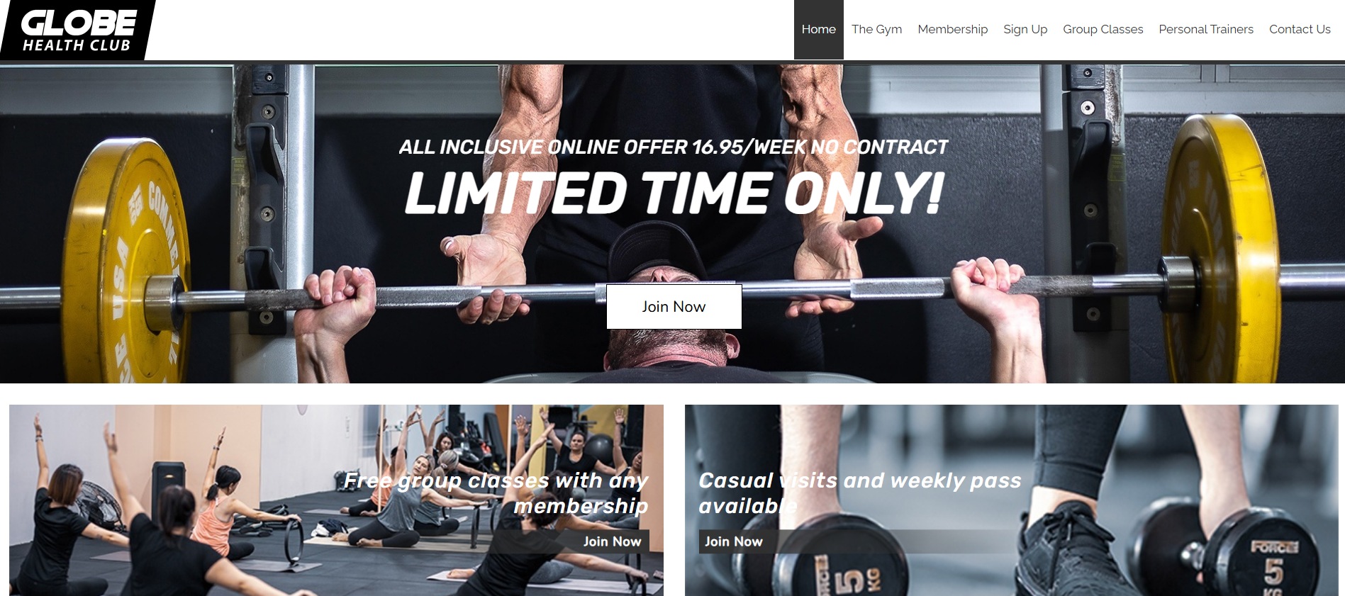 Screenshot of the Globe Health Club homepage